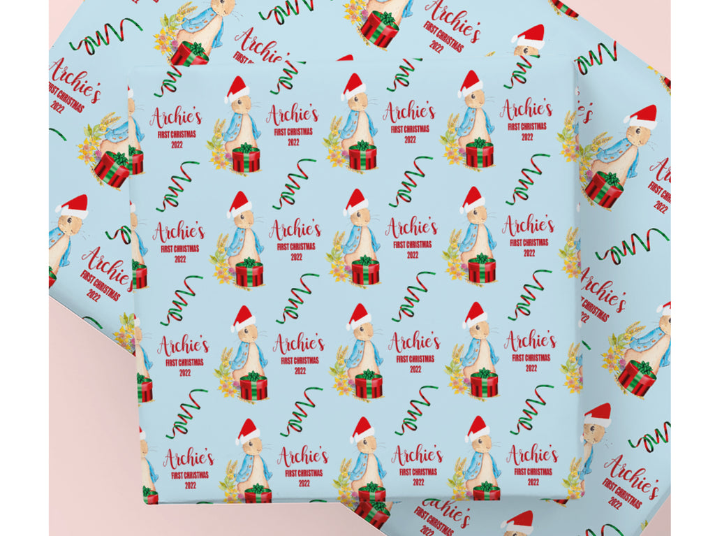 Personalised Santa Blue Rabbit First Christmas Wrapping Paper