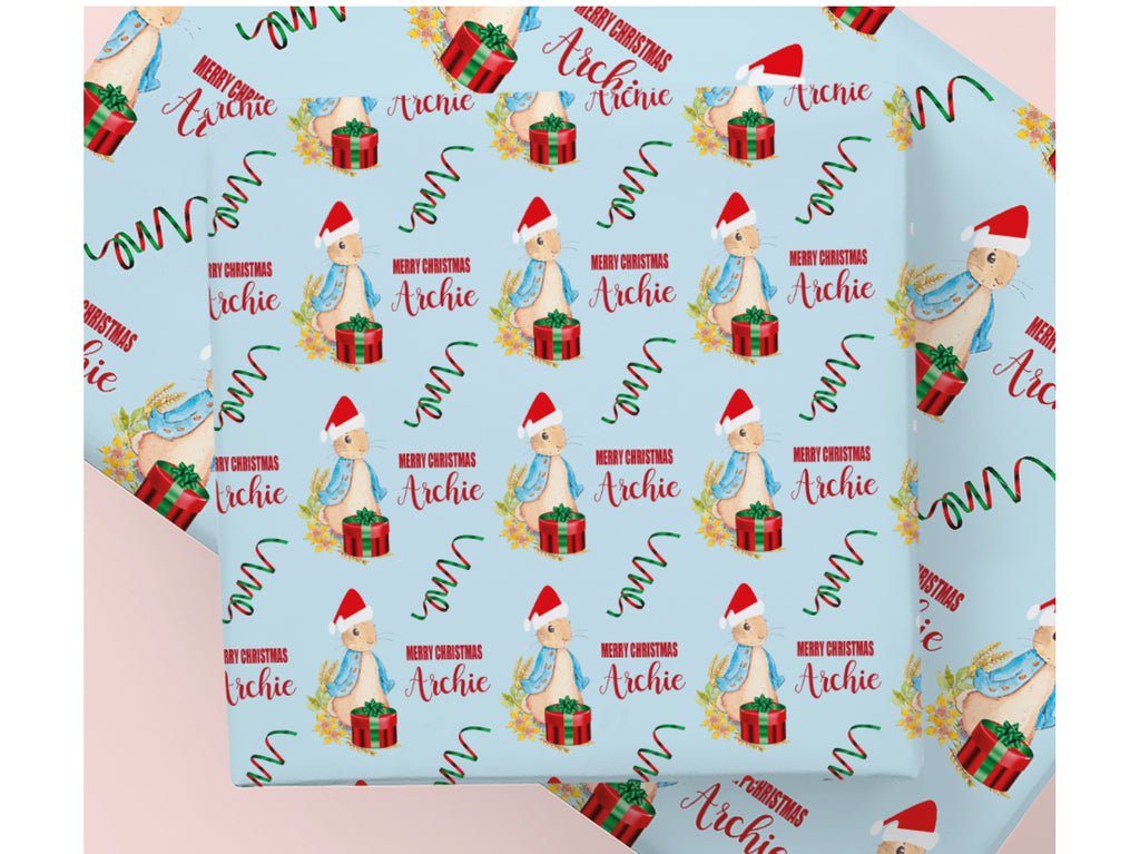 Personalised Blue Santa Rabbit Christmas Wrapping Paper