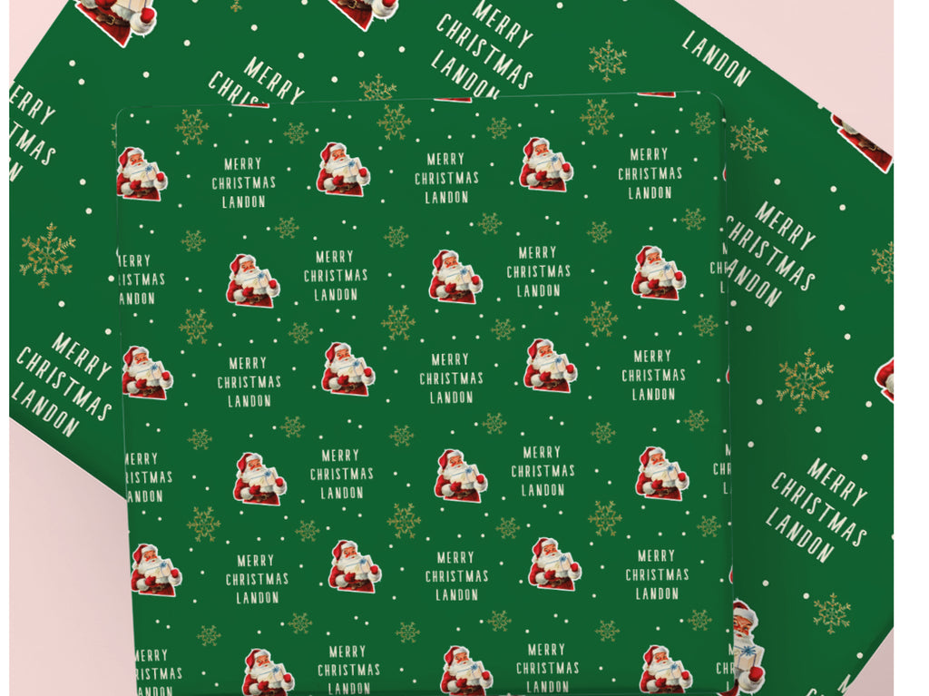 Retro Santa Personalised Christmas Gift Wrap with green background