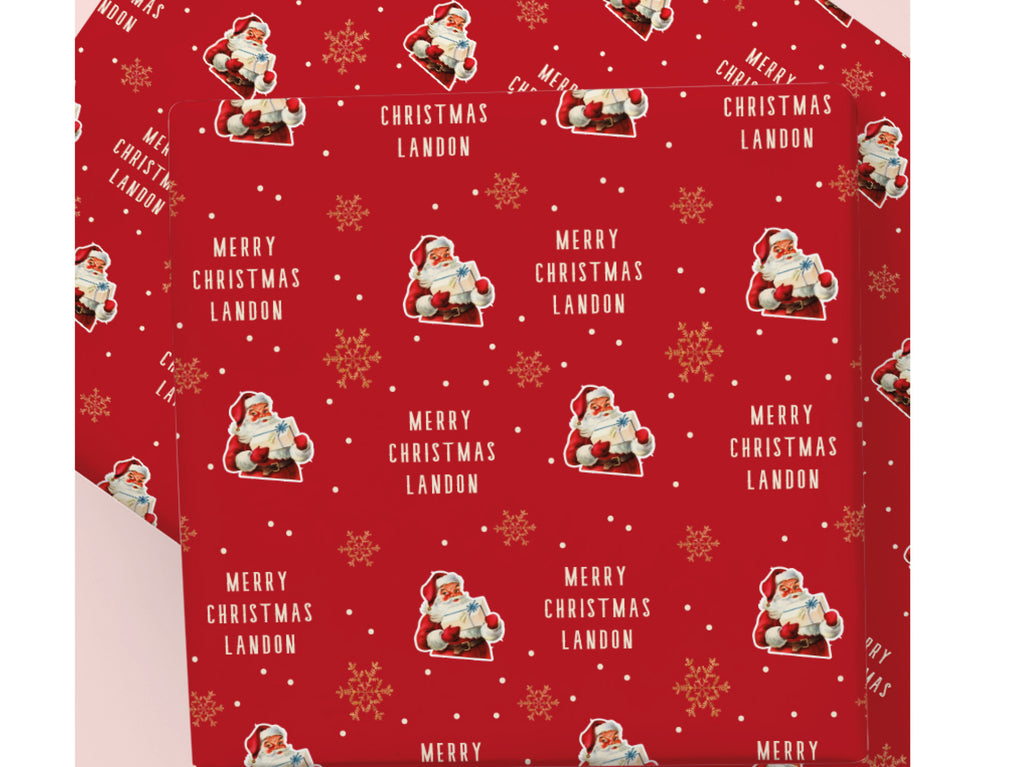 Personalised Retro Santa Christmas gift wrap in red 