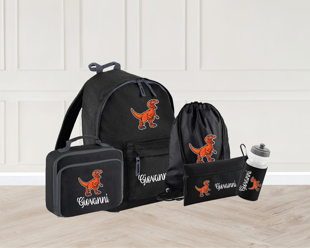 Personalised dinosaur school bag, PE bag, lunch bag, water bottle and pencil case. Available in different colours - Black, Navy, Light blue and light pink