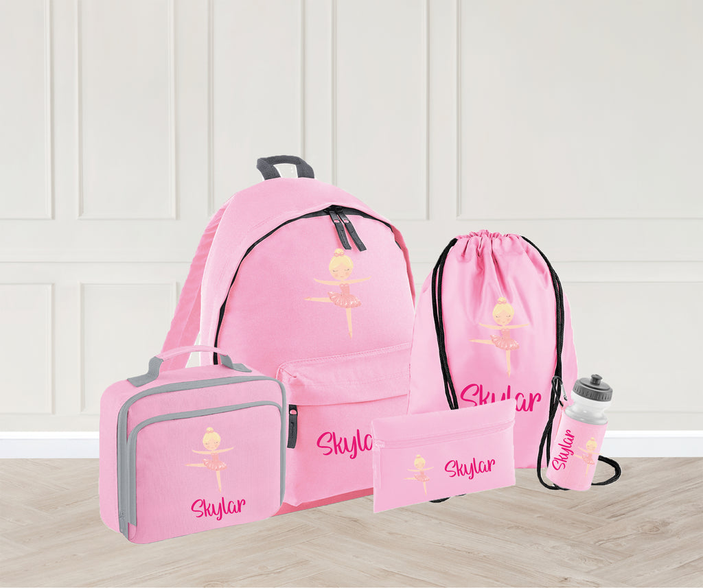 Personalised Ballerina school bag set with lunch bag, PE Bag, Pencil case and water bottle. Available in 4 different colour - `light pink, light blue, navy blue and Black