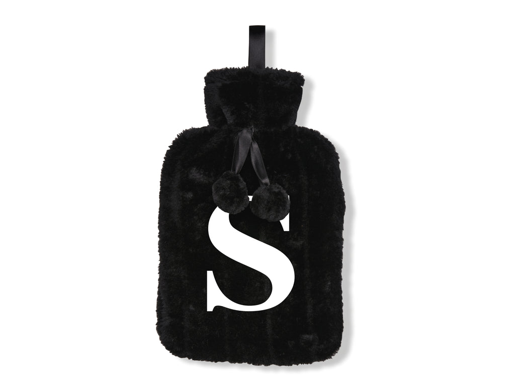 Personalised hot water bottle with plush cover in black