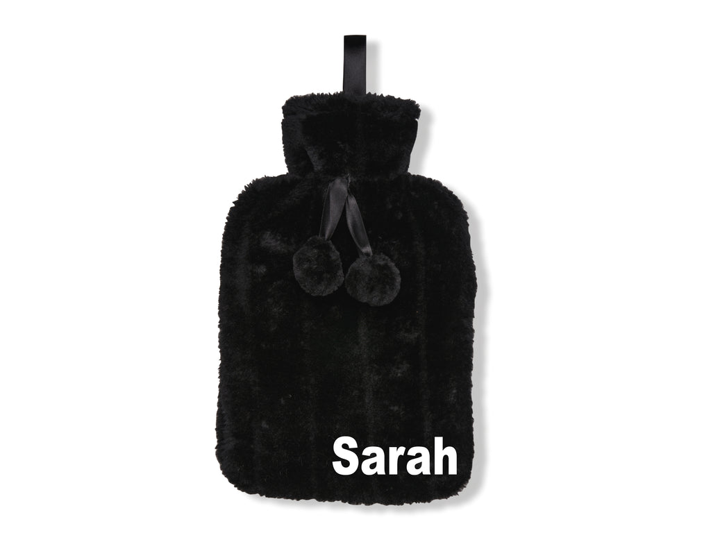 Black plush hot water bottle with name