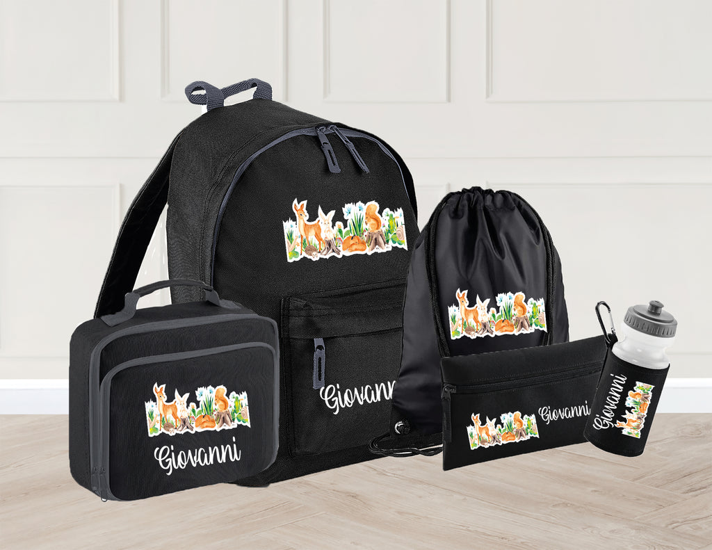 Personalised woodland animal design school bag set. Set consists of backpack, PE bag, insulated lunch bag, pencil case and water bottle