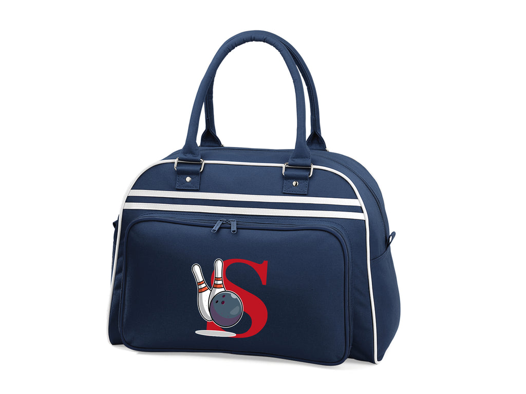 Navy and white bowling bag personalised with initial