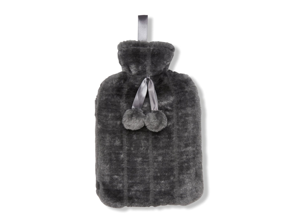 Personalised hot water bottle with plush cover in charcoal grey