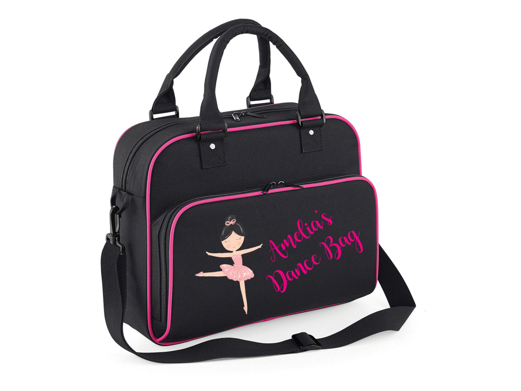 Black and Fuchsia ballerina bag with a ballerina figure and name. Picture showing "Amelia's Dance Bag"