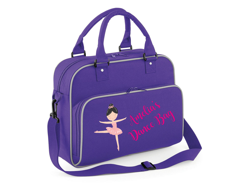 Purple and grey ballerina bag with a ballerina figure and name. Picture showing "Amelia's Dance Bag"