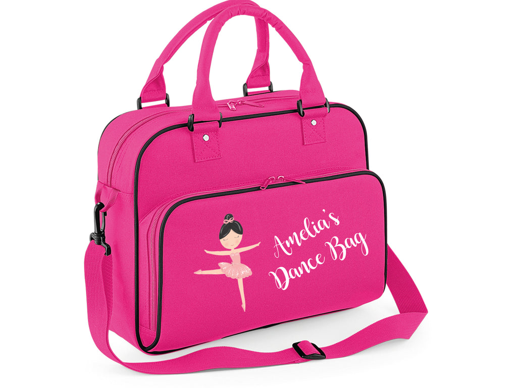 Fuchsia and black ballerina bag with a ballerina figure and name. Picture showing "Amelia's Dance Bag"