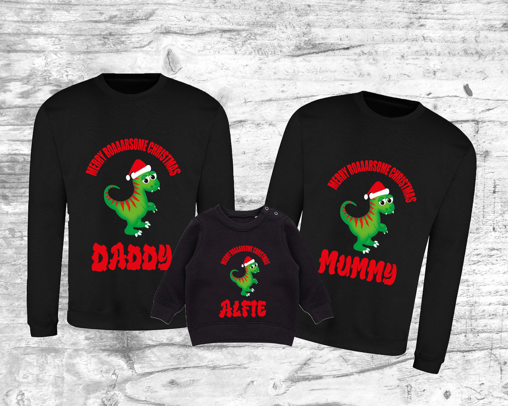 Personalised christmas jumper featuring a Dinosaur wearing a santa hat jumper