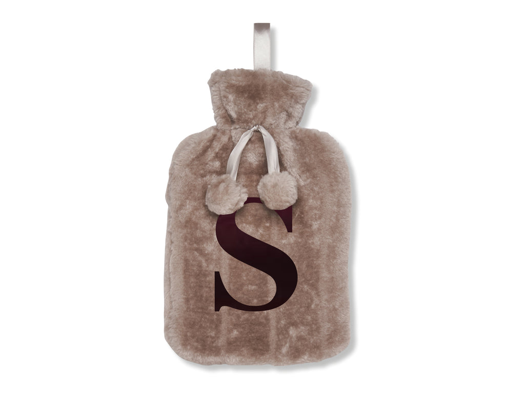 Personalised hot water bottle with plush cover in taupe