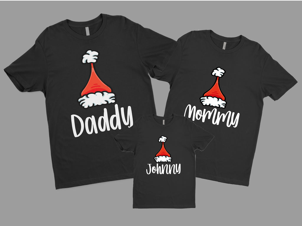 Matching Family Christmas Shirts personalised with name and santa hat