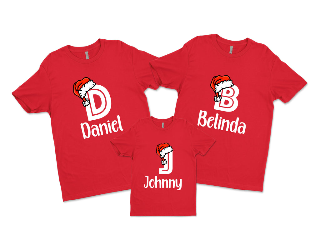 Matching Family Christmas Shirt personalised with name and santa hat