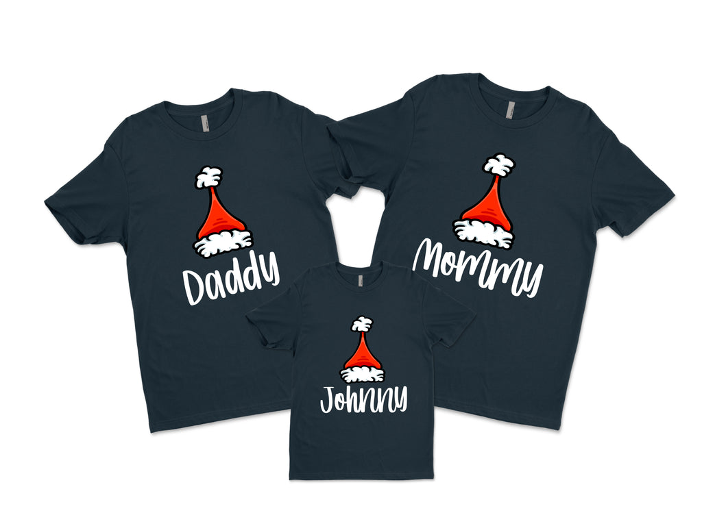 Matching Family Christmas Shirts personalised with name and santa hat