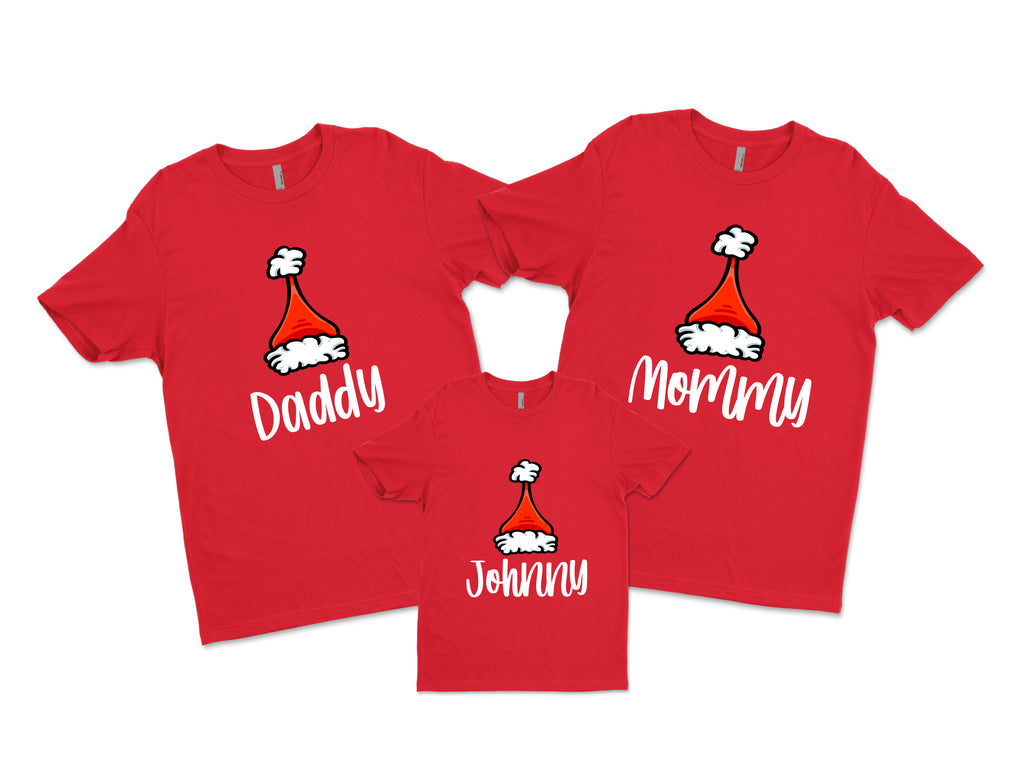 Matching Family Christmas Shirts personalised with name and santa hat