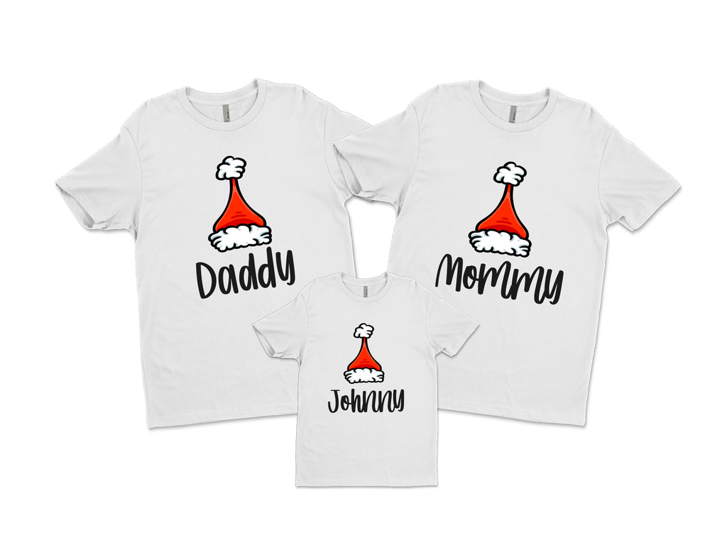 Matching Family Christmas Shirts personalised with name and santa hat