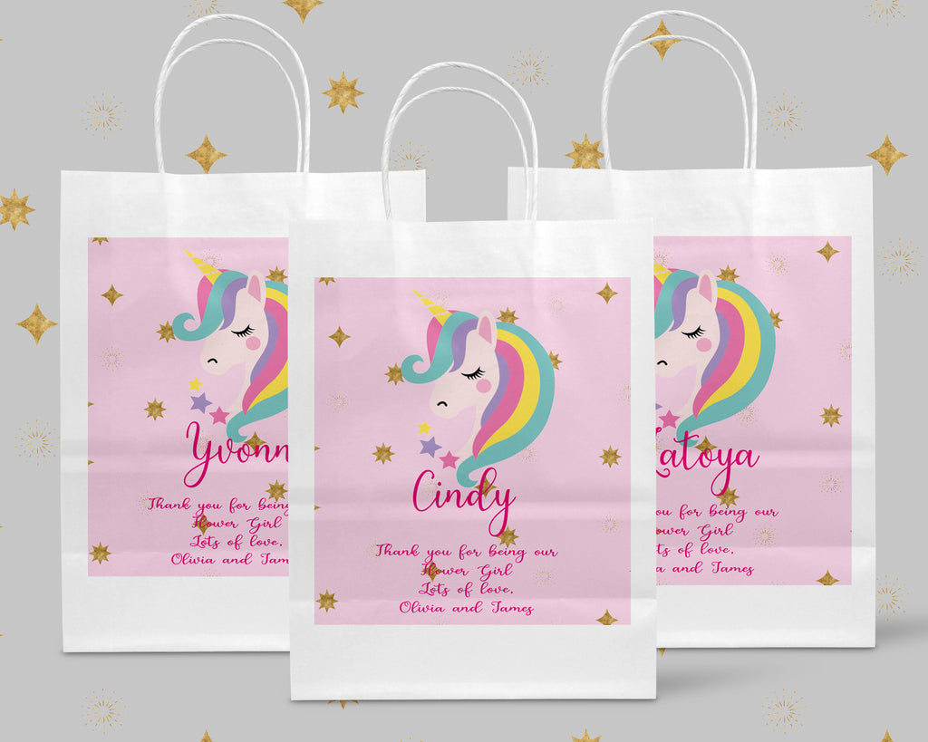 personalised pink unicorn design gift bag for flower girl