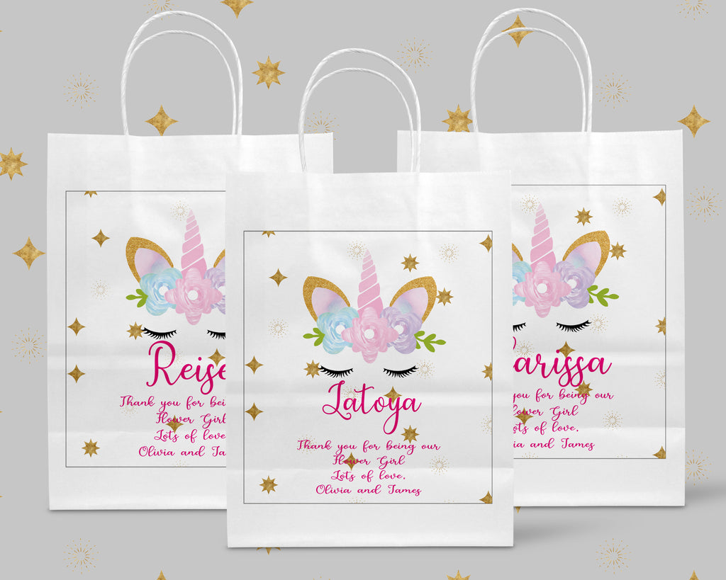 unicorn design gift paper bag with name and message. Perfect for flower girl