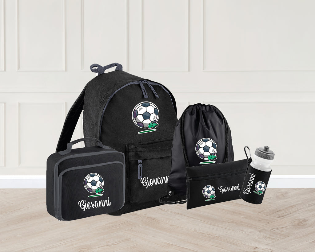 Personalised Football themed school bag, P.E Bag, Lunch bag, Pencil case and Water bottle. Available in 4 colours - black, navy, light blue and light pink