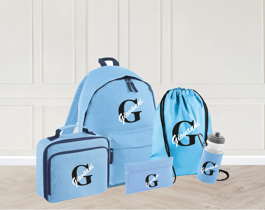 Blue personalised Monogram and name school bag set - Backpack, PE bag, insulated lunch bag, pencil case and water bottle