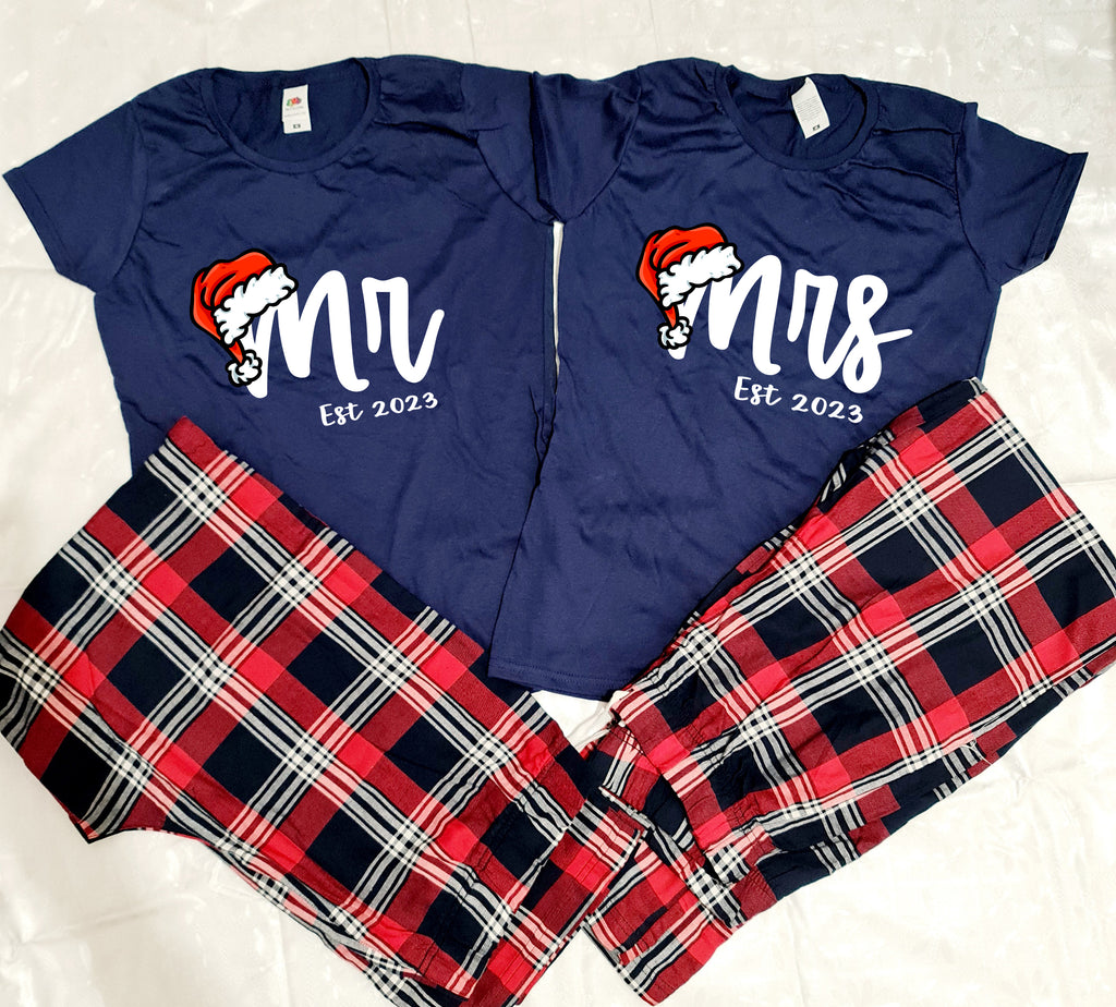 Navy top with navy tartan trousers pyjamas set personalised with Mr and Mrs with date and santa hat design