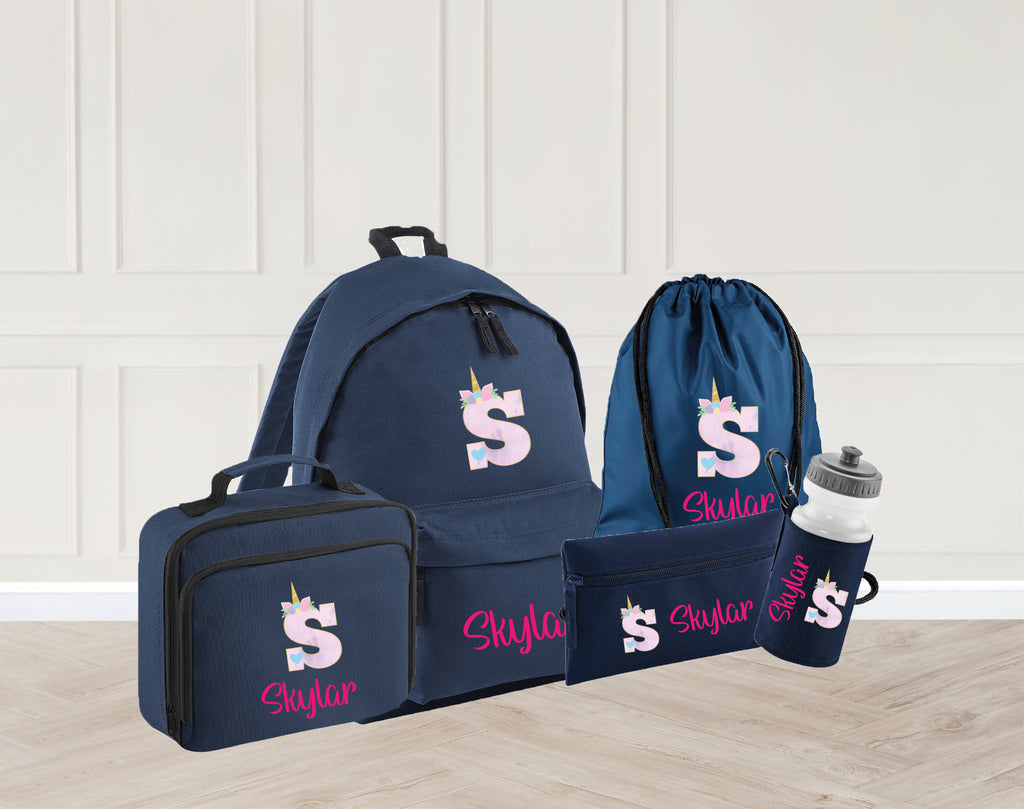 Personalised Unicorn initial school bag set - Set consists of Backpack, PE Bag, Insulated lunch bag, Pencil case and water bottle