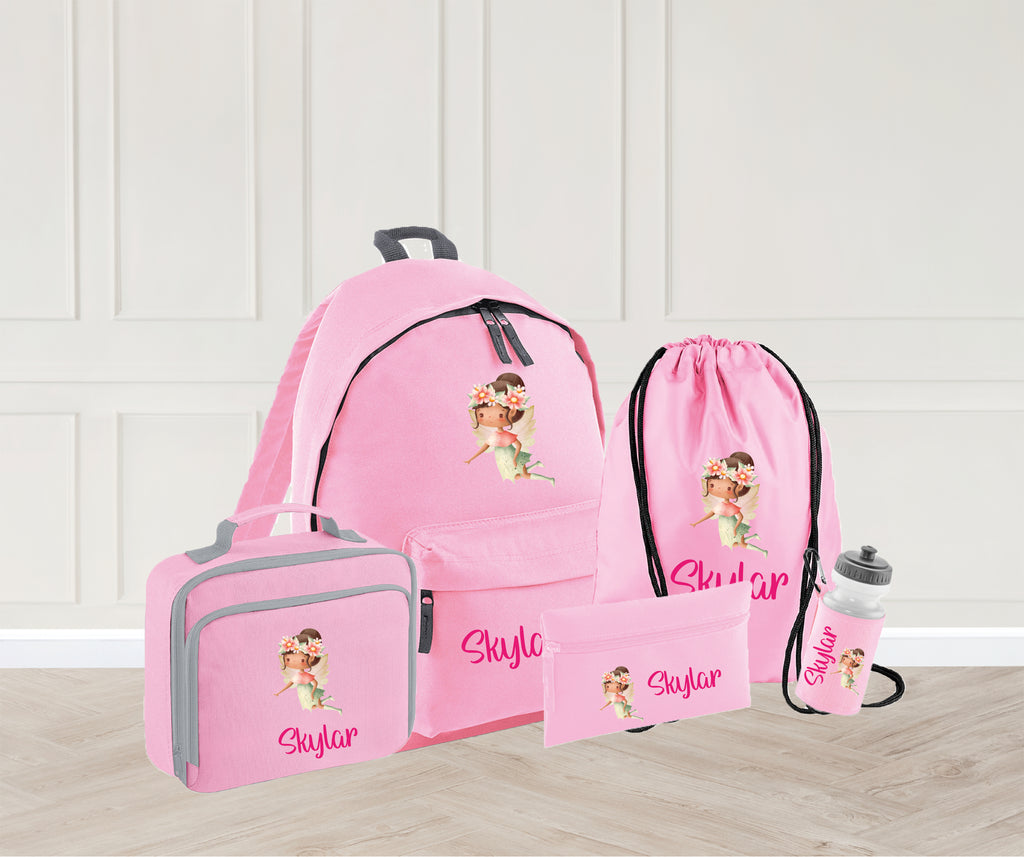 Pink Fairy Design School bag set with name. Set contains Backpack, PE Bag, Insulated lunch bag, pencil case and water bottle