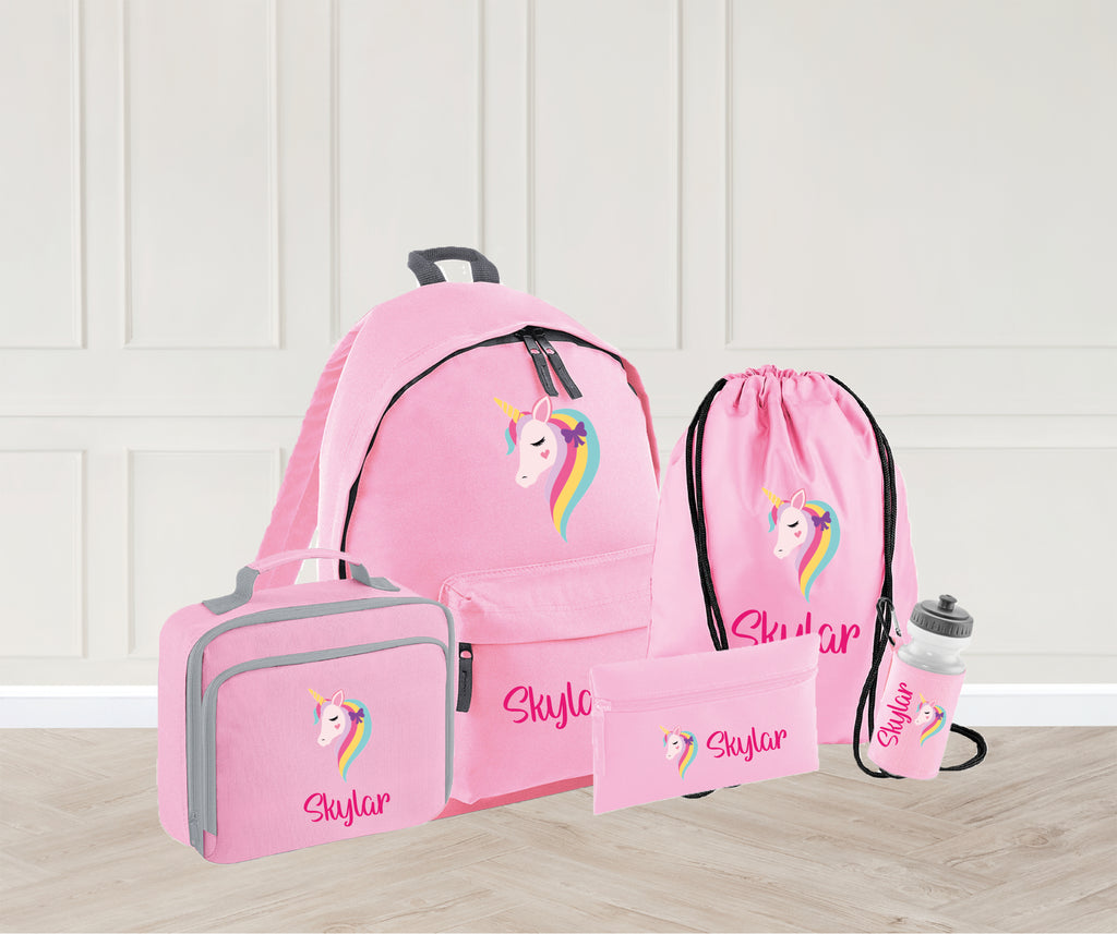 Pink unicorn school bag set personalised with name. Set consists of backpack, Gym bag, Insulated lunch bag, pencil case and water bottle