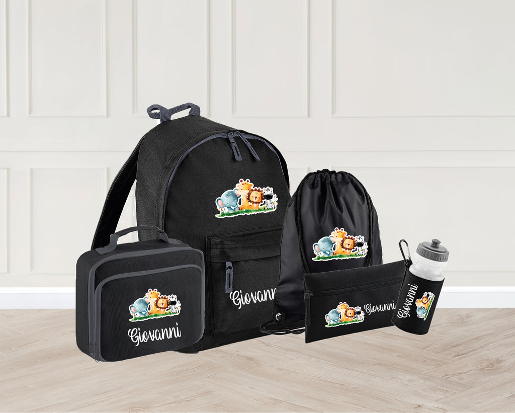 personalised safari design school bag set - set consists of backpack, PE bag, insulated lunch bag, pencil case and water bottle