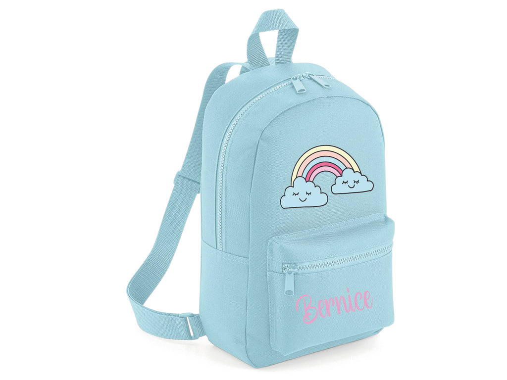 Powder blue personalised rainbow backpack school bag