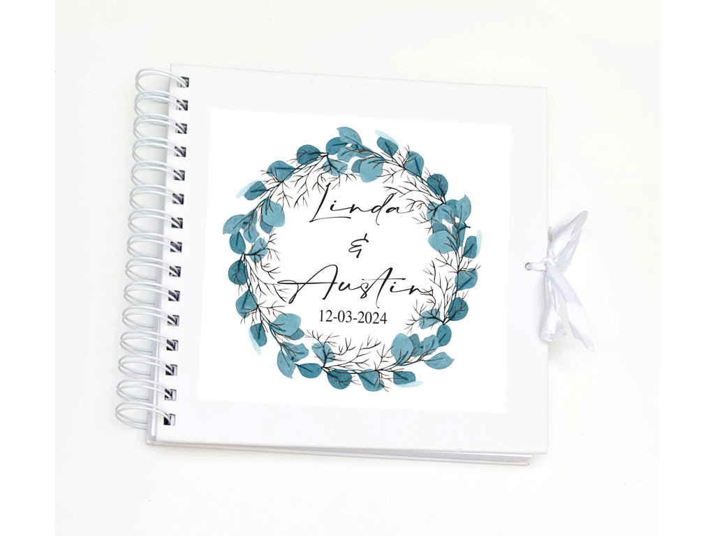 Personalised Wedding Scrap Book with Eucalyptus Design. Customised with Couple's name and wedding date