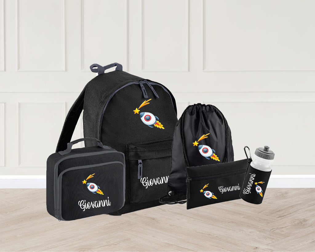 Personalised space rocket school bag set, lunch bag, PE Bag, Water bottle and Pencil Case. Available in 4 different colours - Black, Light Pink, Light Blue and Navy Blue