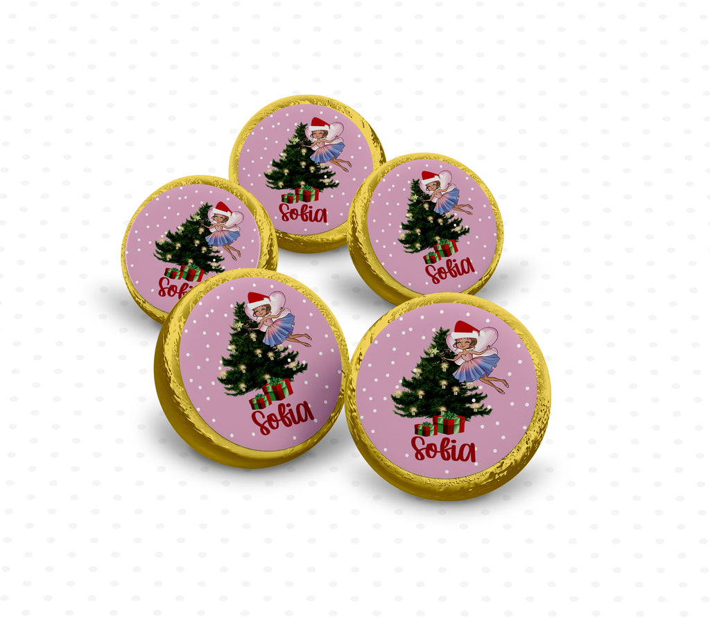 set of 5 personalised Santa fairy gold chocolate coins