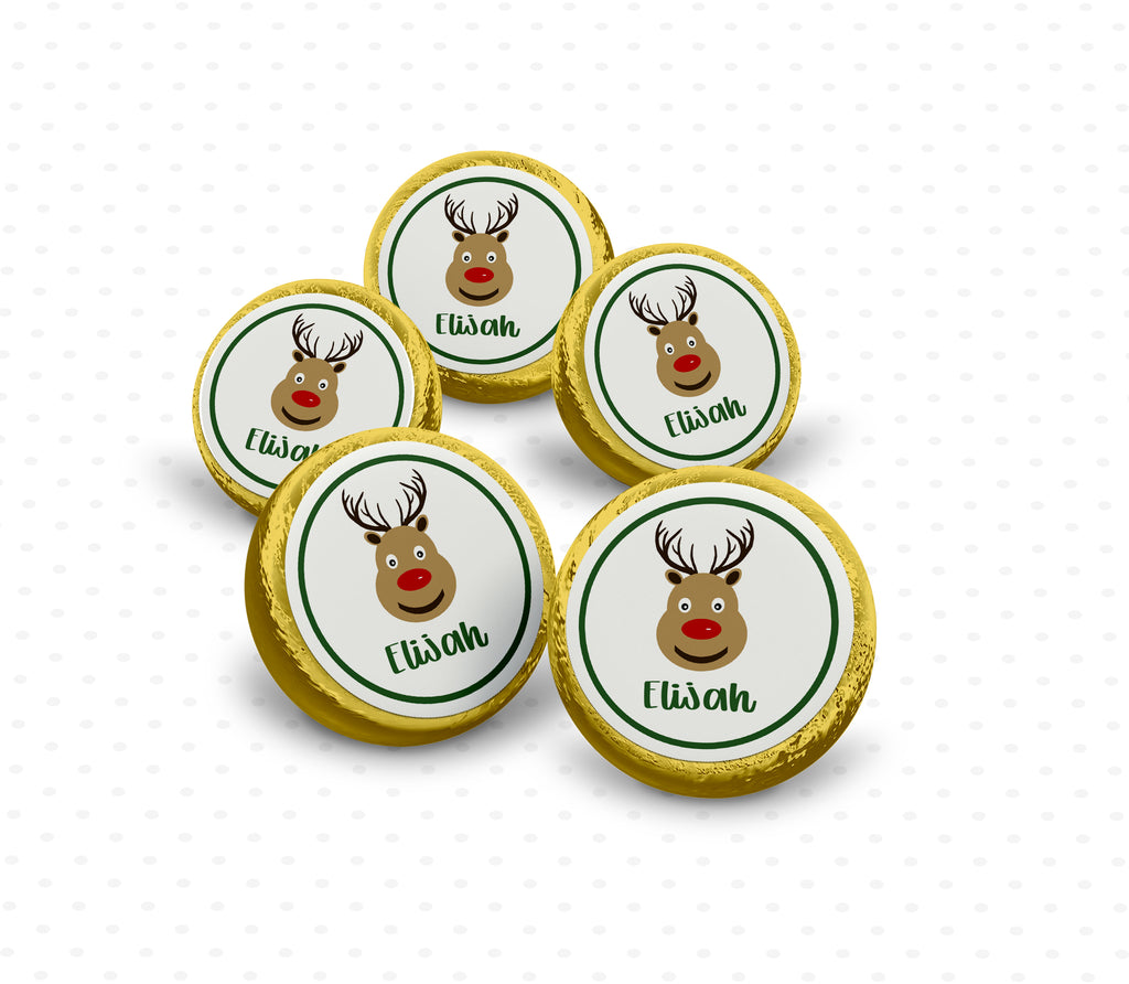 Personalised set of 5 Reindeer Gold chocolate coins