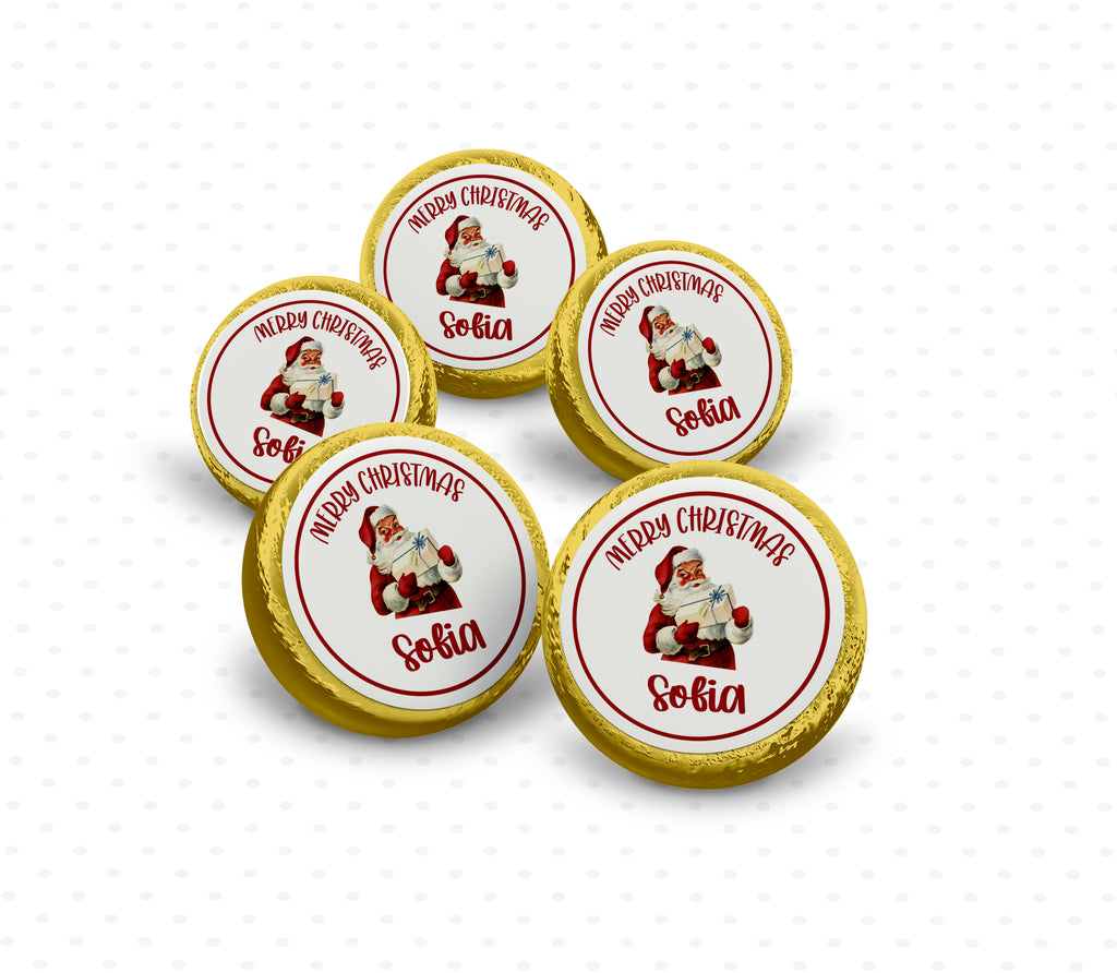 Personalised Retro Santa set of 5 gold chocolate coins