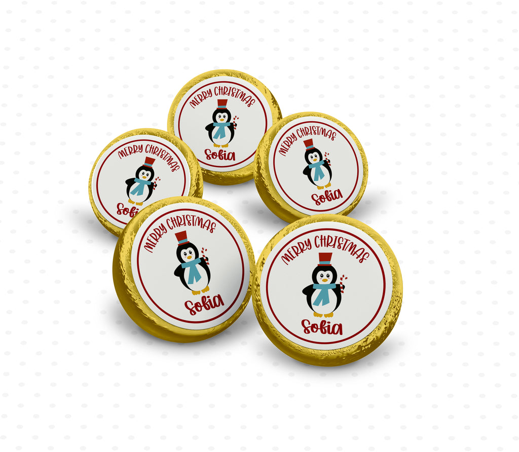 set of 5 personalised penguin design gold chocolate coins