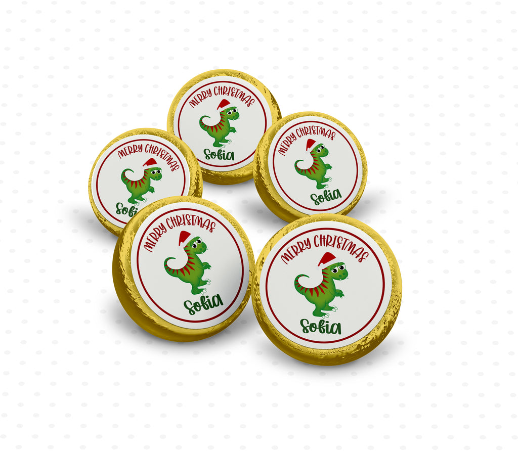 Set of 5 personalised Santa dinosaur gold chocolate coins