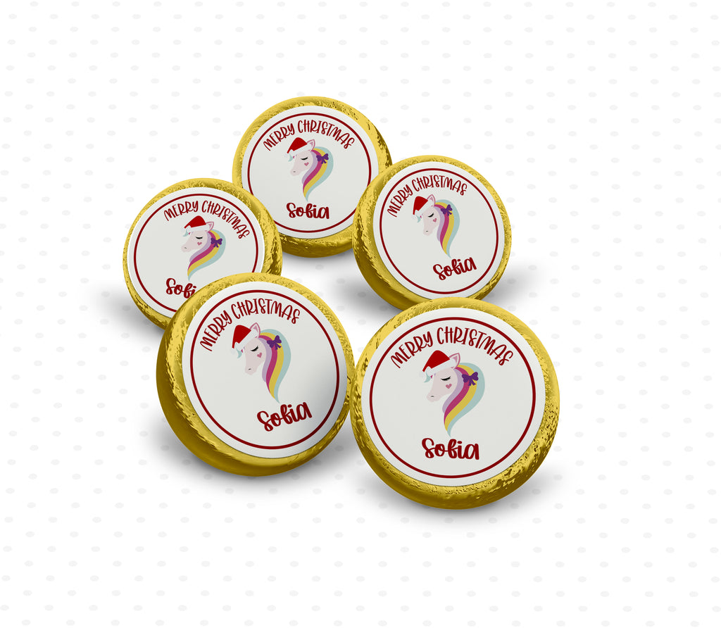 set of 5 Santa unicorn gold chocolate coins personalised