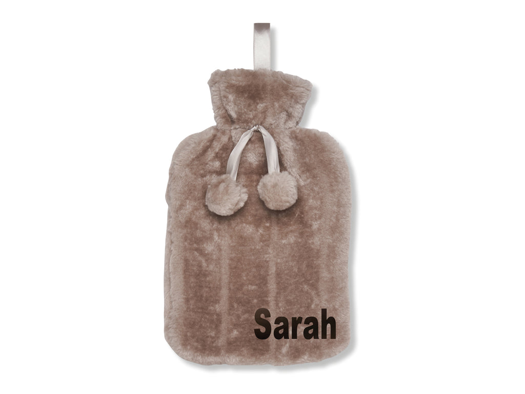 Taupe Plush hot water bottle with name