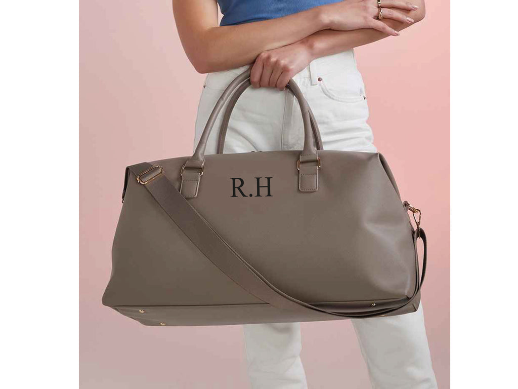 Custom Initial Taupe Weekend Holdall Bag made with Saffiano Grain Leather