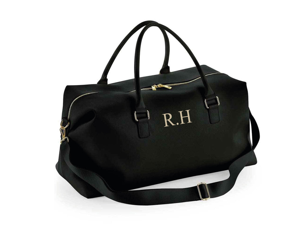 Custom Initial Black Weekend Holdall Bag made with Saffiano Grain Leather