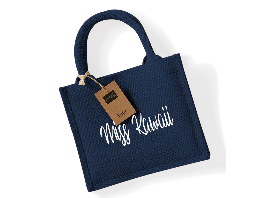 Navy Blue Jute Tote bag personalised with name