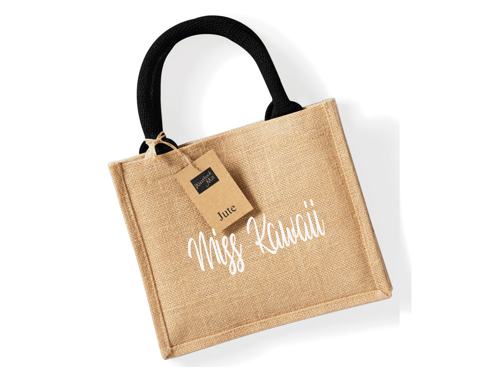 Natural/Black Jute tote bag personalised with name