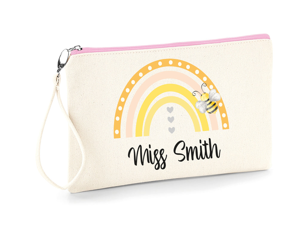 Personalised Natural/Pink rainbow and bee design pencil case