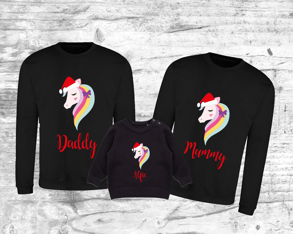 Matching Family Christmas jumper. Features festive Unicorn with a red and white santa hat