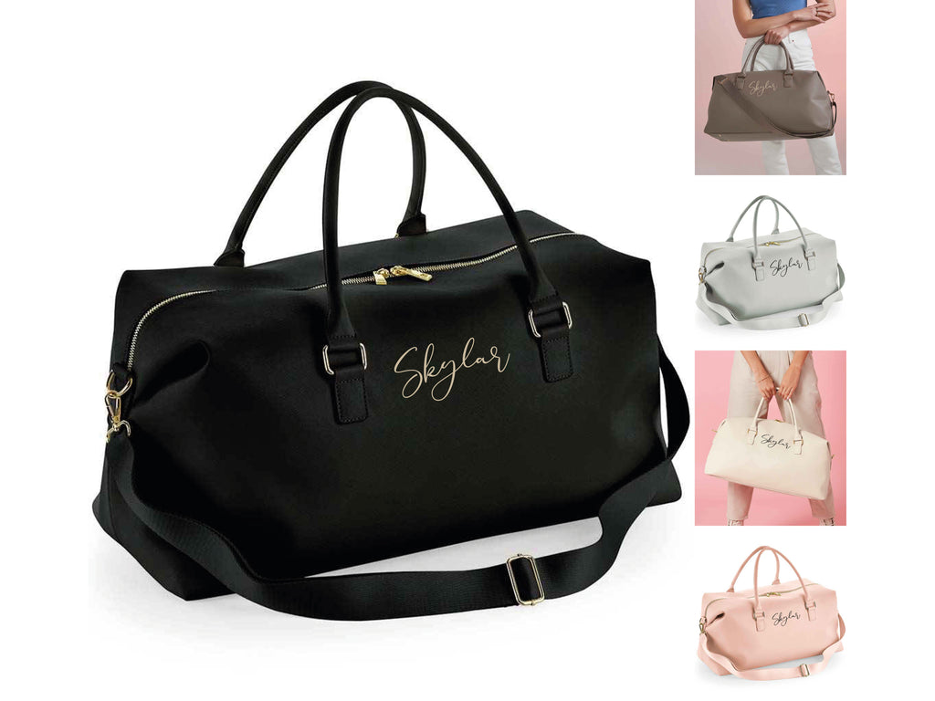 Personalised name weekend holdall bag. Available in different colours - Black, Taupe, Grey, Oyster and Pink Made from Vegan leather