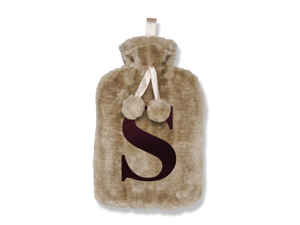 Personalised hot water bottle with plush cover in Winter White