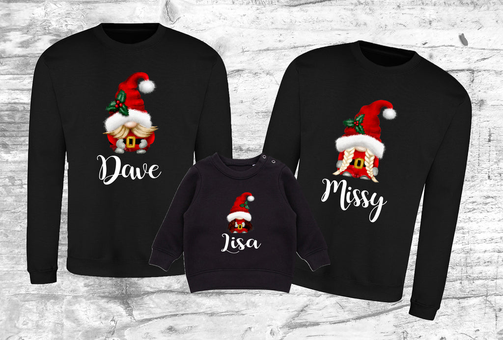 Personalised Gnome Christmas Jumper. Has images of gnome and is personalised with name