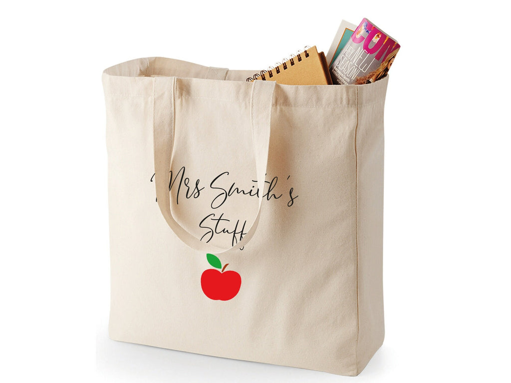 Teacher stuff tote bag with apple design. Personalised with teacher's name.